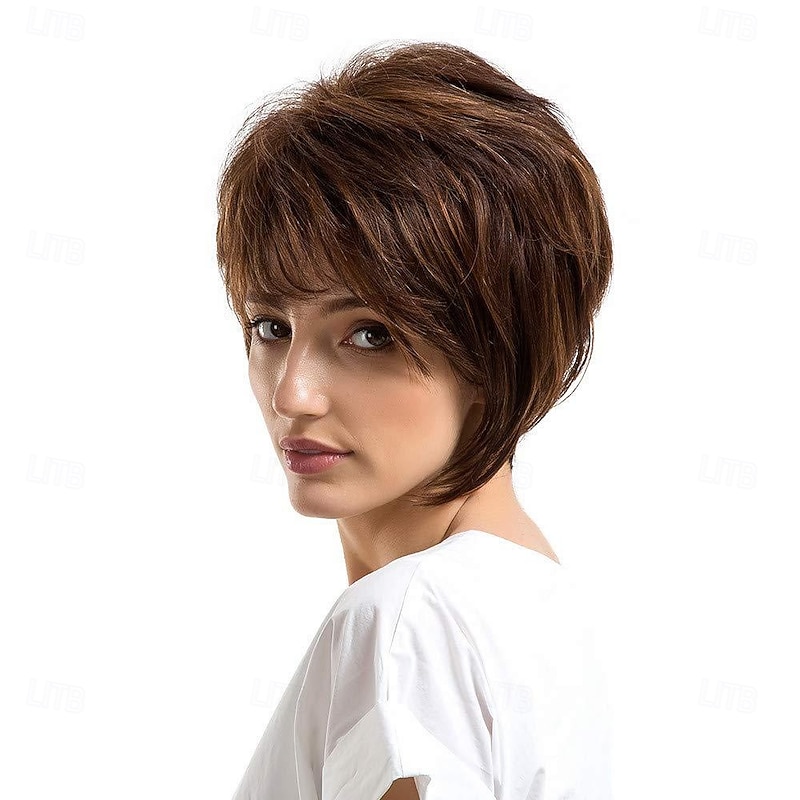 Brown Wigs Synthetic Wig Straight With Bangs Machine Made Wig Short  Synthetic Hair Women's Soft Fashion Easy to Carry3