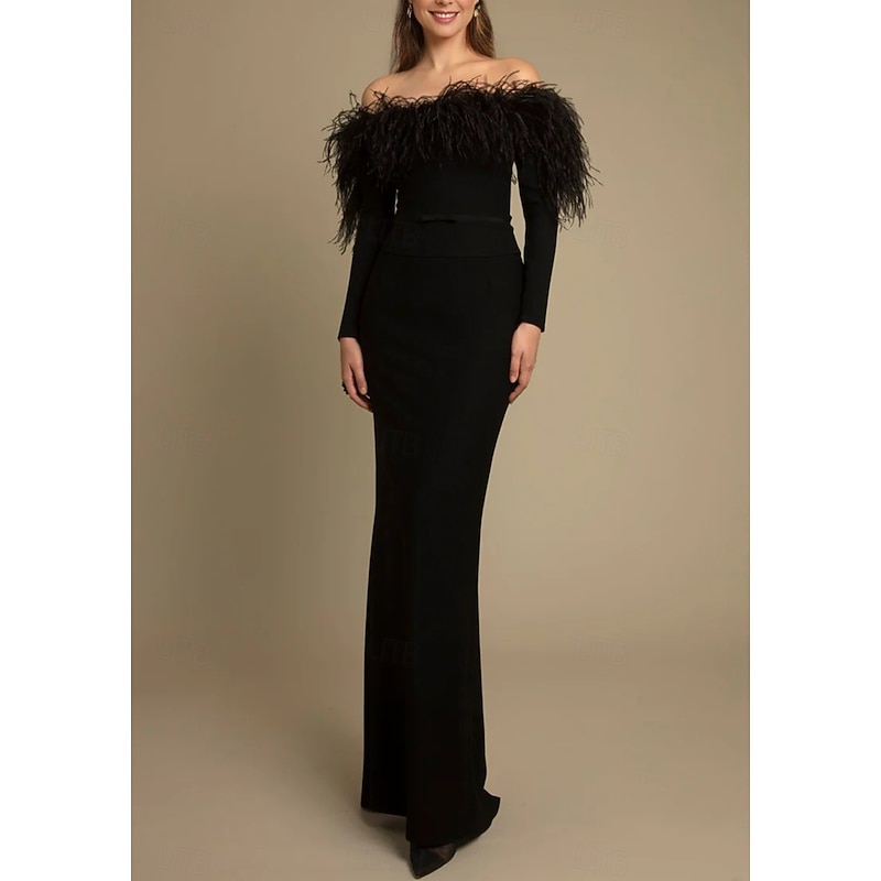 Black Tie Mermaid Evening Gown Feather Elegant Dress Formal Floor Length Long Sleeve Off Shoulder Stretch Crepe Masquerade Dress