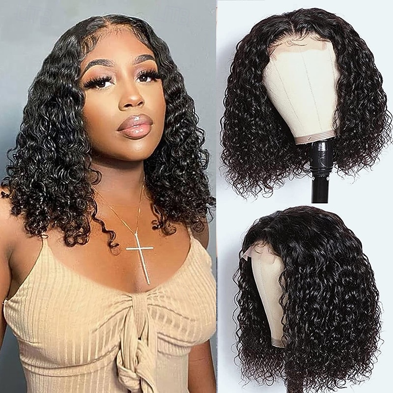 Water Wave 13x4 Bob Short Wigs Transparent Lace Front Wig Human Hair Wig 150% Density with Baby Hair