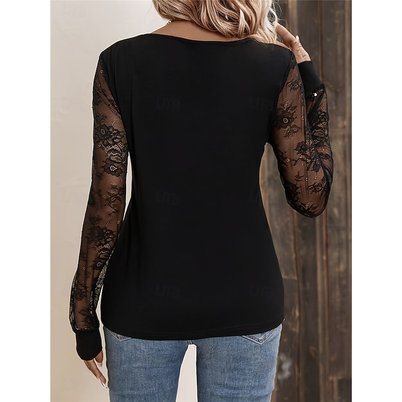 Women's Elegant Lace Tops Eyelet Sexy Blouse Casual Solid Color Regular Tops Long Sleeve V Neck Lace Patchwork Regular Fit Daily Black Romantic Petite Tops Summer Holiday Wear Evening Tops2