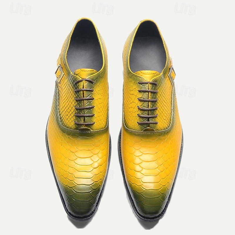 Men's Yellow Gradient Snake Pattern Leather Oxford Shoes with Buckle Detail - Luxury Formal Dress Shoes for Business and Special Occasions2
