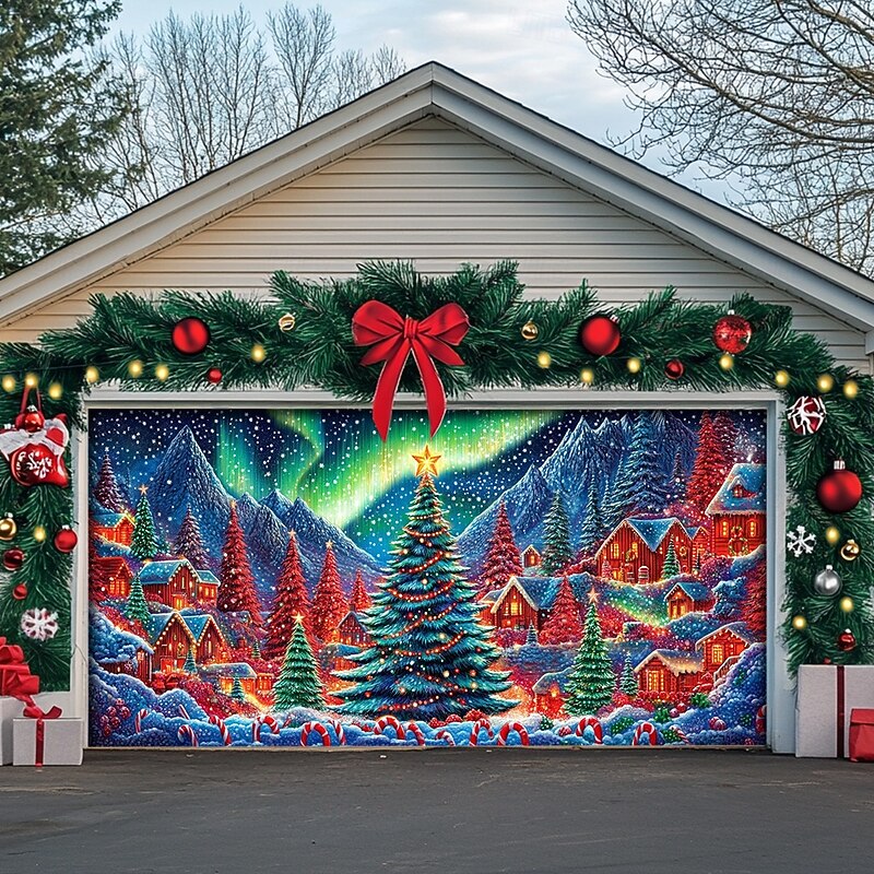 Christmas Door Decorations Outdoor Garage Door Cover Xmas Tree Banner Farmhouse Large Christmas Backdrop for Holiday Outdoor Garage Door Home Wall Decorations 11