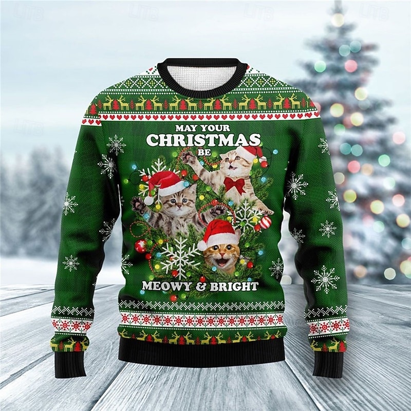 Ugly Christmas Sweater Men's Sweaters Cat Elk Snowflake Knitting Print Pullover Jumper New Years Eve Sweater Outdoor Daily Long Sleeve Crewnecks Green Fall Winter S M Ls2