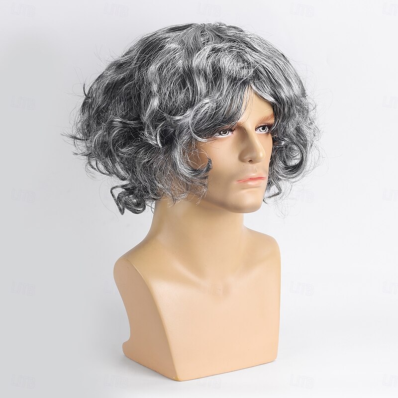 Synthetic Wig Curly With Bangs Machine Made Wig Short Grey Synthetic Hair Men's Gray Halloween Wigs4
