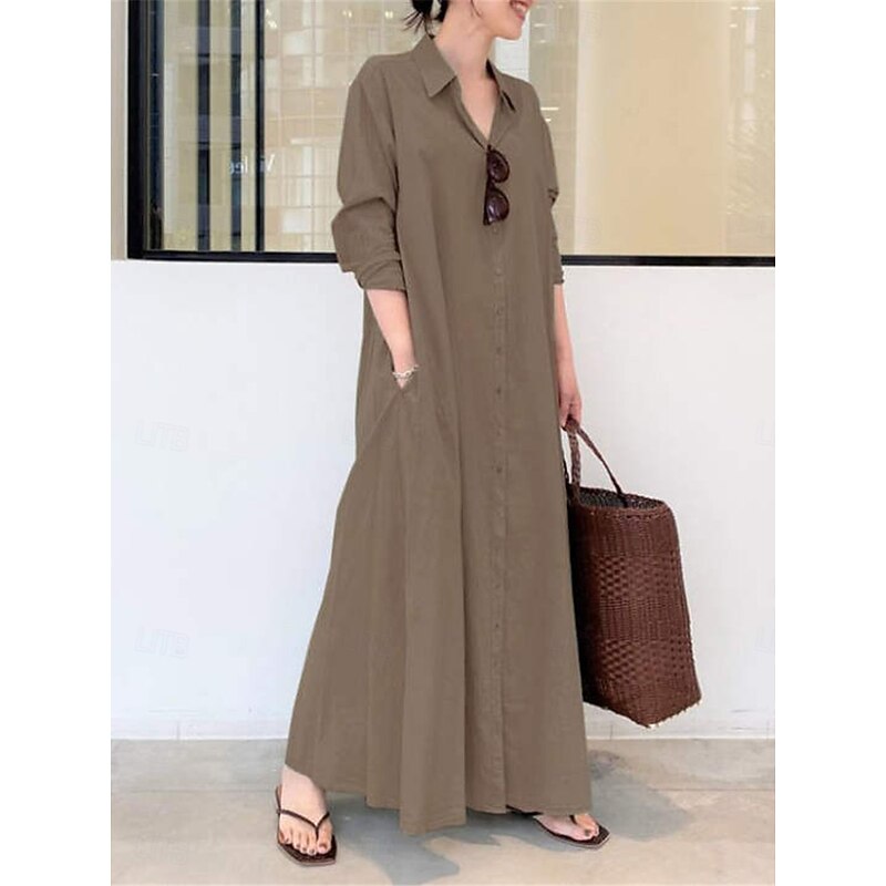 Women's Shirt Dress Maxi Dress Button Pocket Casual Shirt Collar Long Sleeve Black Green Coffee Color4