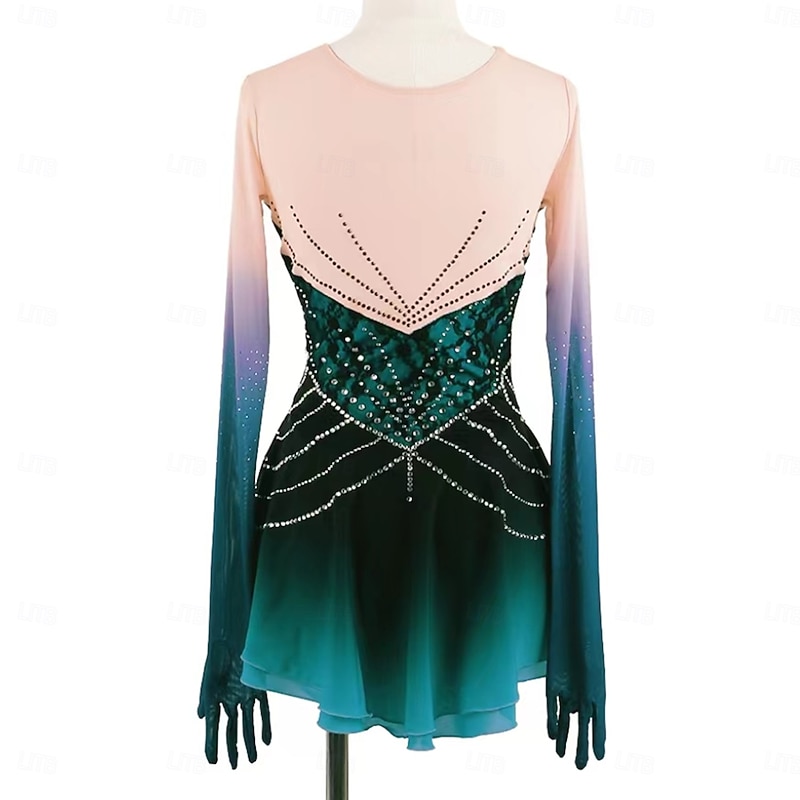 Figure Skating Dress Women's Girls' Ice Skating Dress Dark Grey Forest Green Thumbhole Halo Dyeing Mesh Spandex Stretchy Training Practice Professional Skating Wear Thermal Warm Classic Crystal2