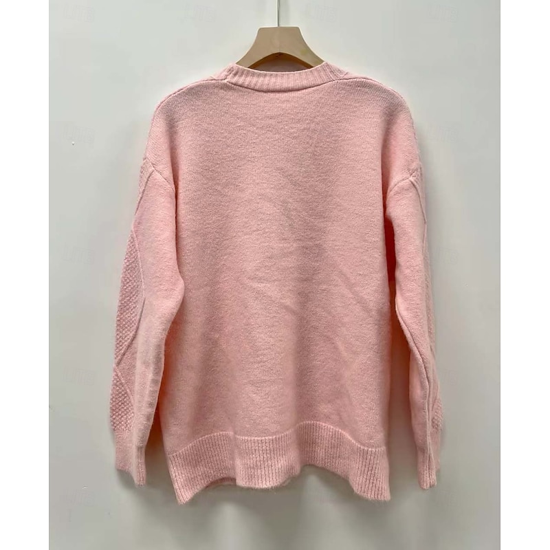 Women's Pink Long Cardigan V Neck Cable Knit Knitted Fall Winter Work Elegant Fashion Daily Long Sleeve Solid Color Pink Camel3