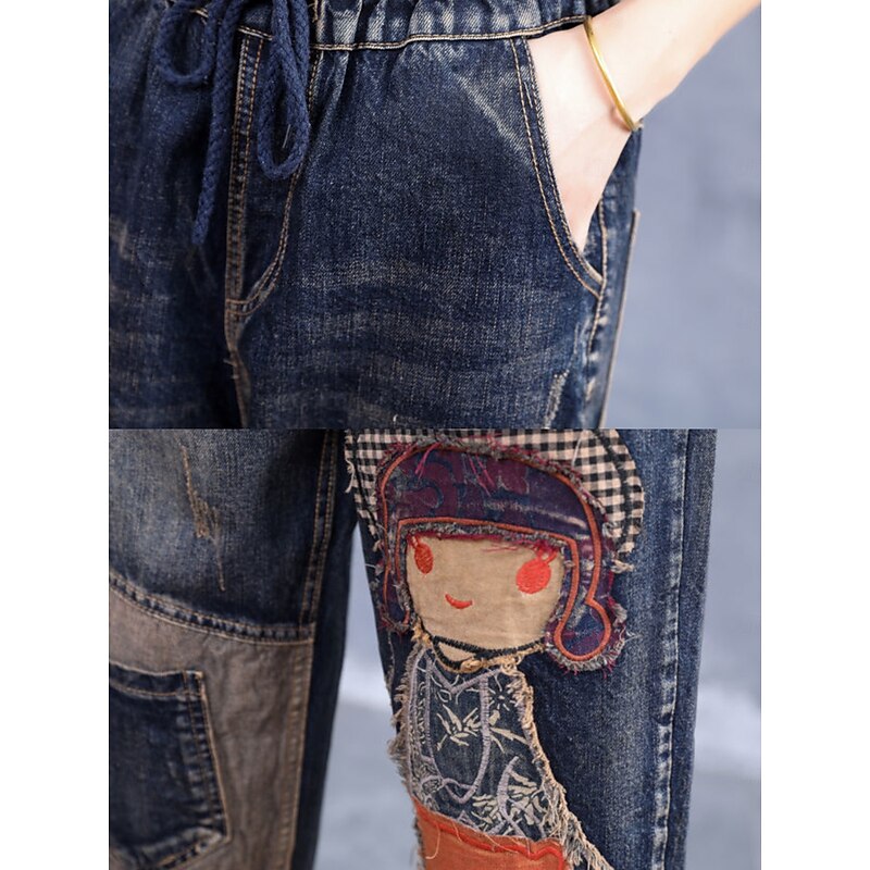 Women's Jeans Harem Pants Vintage Streetwear Mid Waist Embroidered Pocket Drawstring Micro-elastic Street Casual Blue Fall & Winter Regular Fit2
