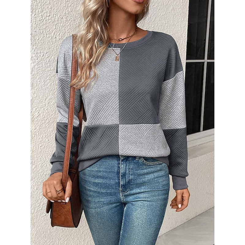 Women's T Shirt Plaid Fashion Modern Casual Long Sleeve Crew Neck Regular Tops Daily Weekend Print Black Navy Blue Gray Fall Winter4