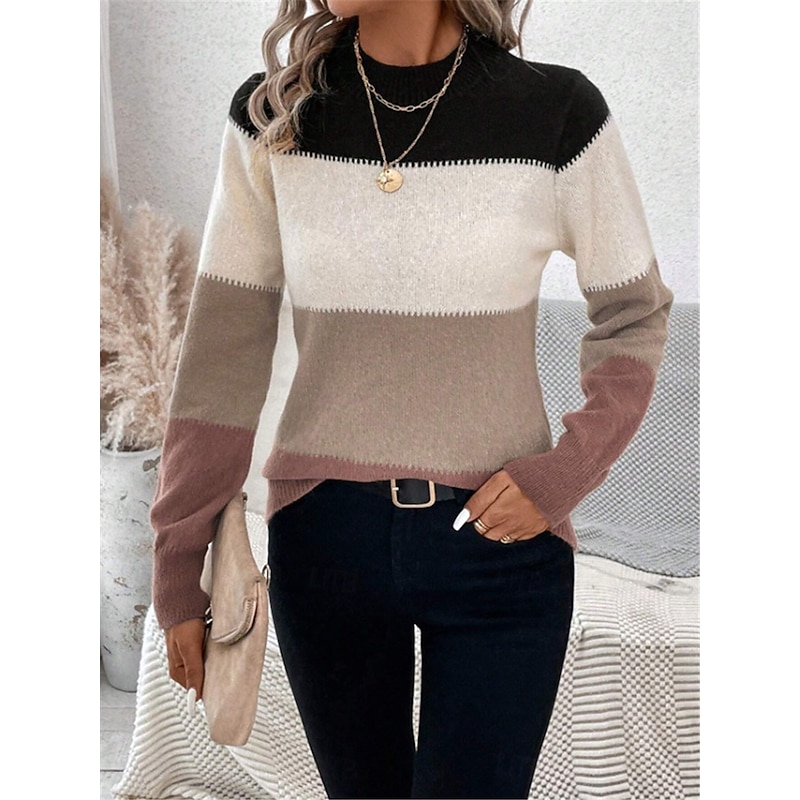 Women's Sweater Pullover Sweater Jumper Casual Soft Striped Ribbed Crew Neck Knitted Long Sleeve Regular Tops Knit Outdoor Daily Weekend Camel Apricot Fall Winter