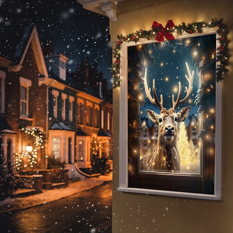 Christmas Window Cover Decorations, Fabric Reindeer Gift Festive Curtain Movie Poster Window Door Covering Decor for Farmhouse House, Happy Christmas Window Clings Decals Indoor Outdoor2