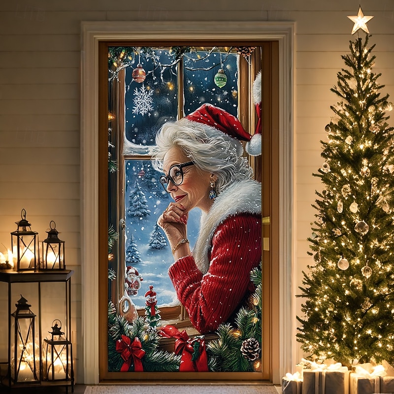 Christmas Door Decorations Door Covers Xmas Santa Grandma Door Tapestry Door Curtain Decoration Backdrop Indoor/Outdoor Door Banner for Front Door Farmhouse