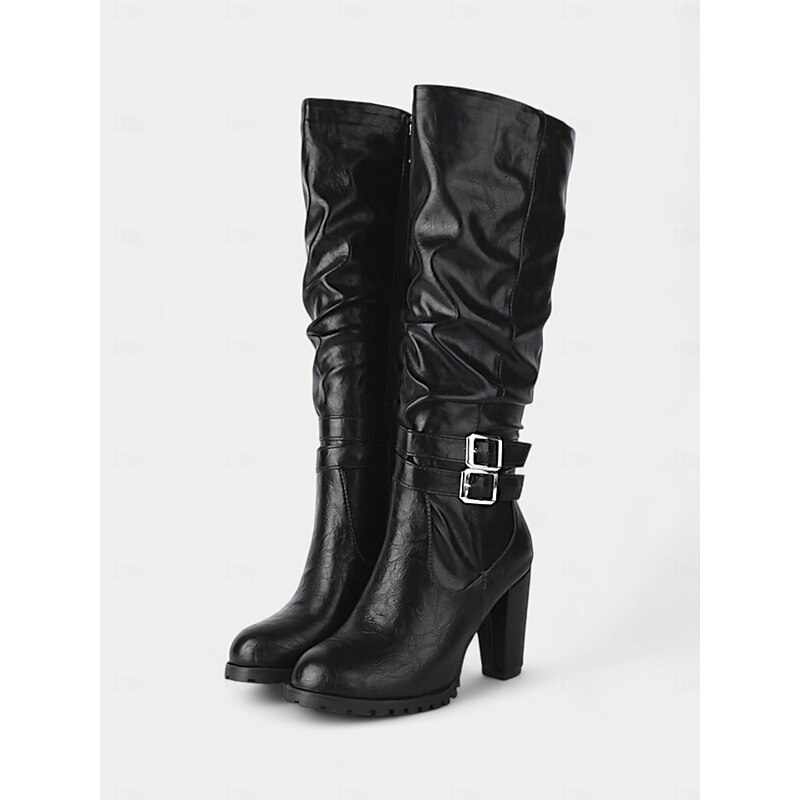 Women's Burgundy High Heel Knee-High Boots with Buckle Straps – Chic and Elegant Footwear for Winter and Party Occasions4