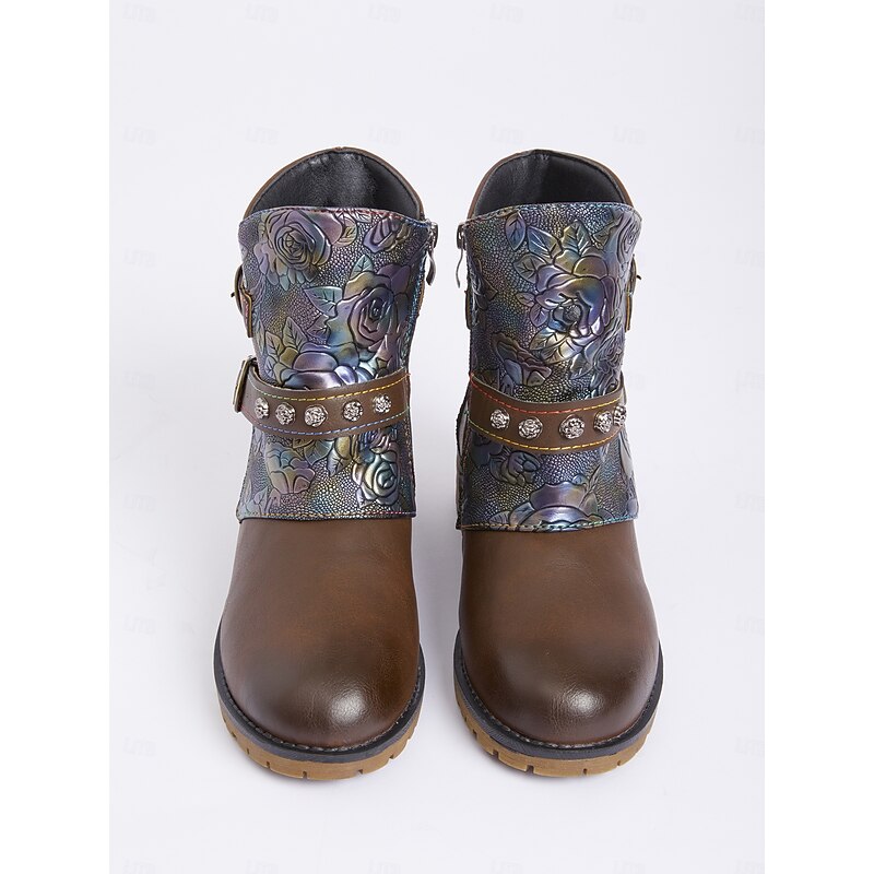 Women's Floral Embossed Ankle Boots – Vintage Buckle Design, Chunky Heel, and Side Zipper for Casual Wear4