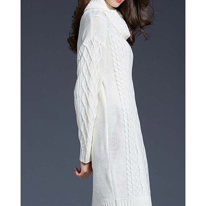 Women's Sweater Dress Casual Soft Pure Color Cable Turtleneck Knitted Long Sleeve Long Tops Knit Outdoor Daily Weekend White Wine Fall Winter2