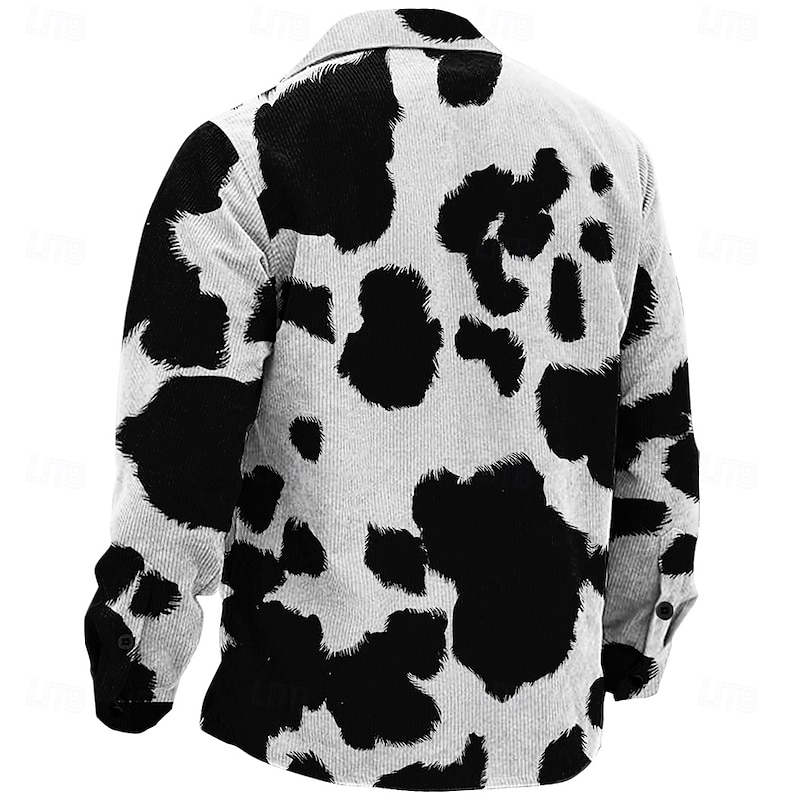 Men's Cow Print Corduroy Shirt Shirt Jacket Overshirt Long Sleeve Vintage Tribal Dailywear Fall & Winter Turndown Collared Shirts Buttons 3D Print 2 Pockets 1pc White+Black2