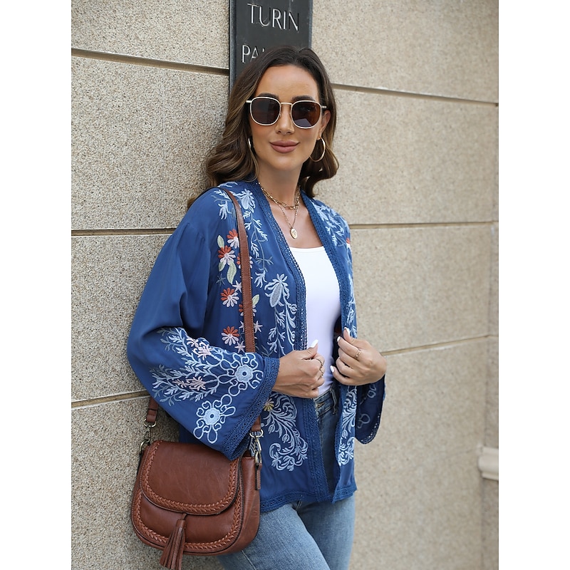 Women's Boho Shirt Shrugs Floral Flower Casual Boho Long Sleeve Bell Sleeve Asymmetrical Regular Tops Valentine's Day Work Daily Embroidered Blue All Seasons3