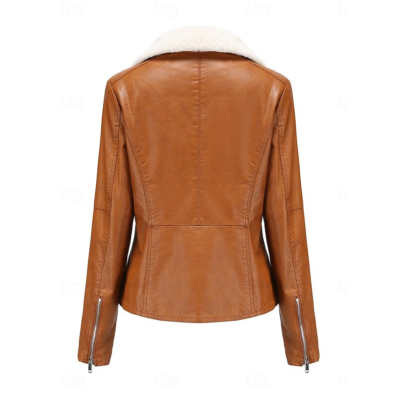 Women's Faux Leather Jacket Fleece Jacket Warm Breathable Zipper Pocket Fleece Lined Casual Plain Vacation Street Daily Wear Going out Zipper Short Turndown Regular Fit Long Sleeve Outerwear Black4