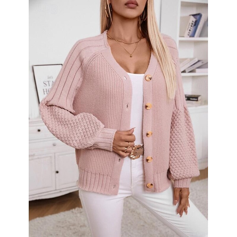 Women's Cardigan Daily Casual Pure Color V Neck Buttons Lantern Sleeve Long Sleeve Regular Tops Knit Formal Home Daily Pink Brown Fall Winter3