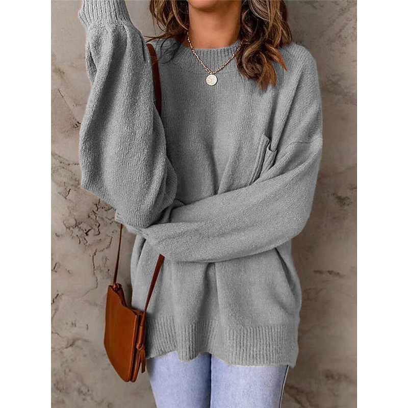 Women's Sweater Pullover Sweater Jumper Casual Soft Pure Color Ribbed Crew Neck Pocket Knitted Long Sleeve Regular Tops Knit Outdoor Daily Weekend Gray Fall Winter2