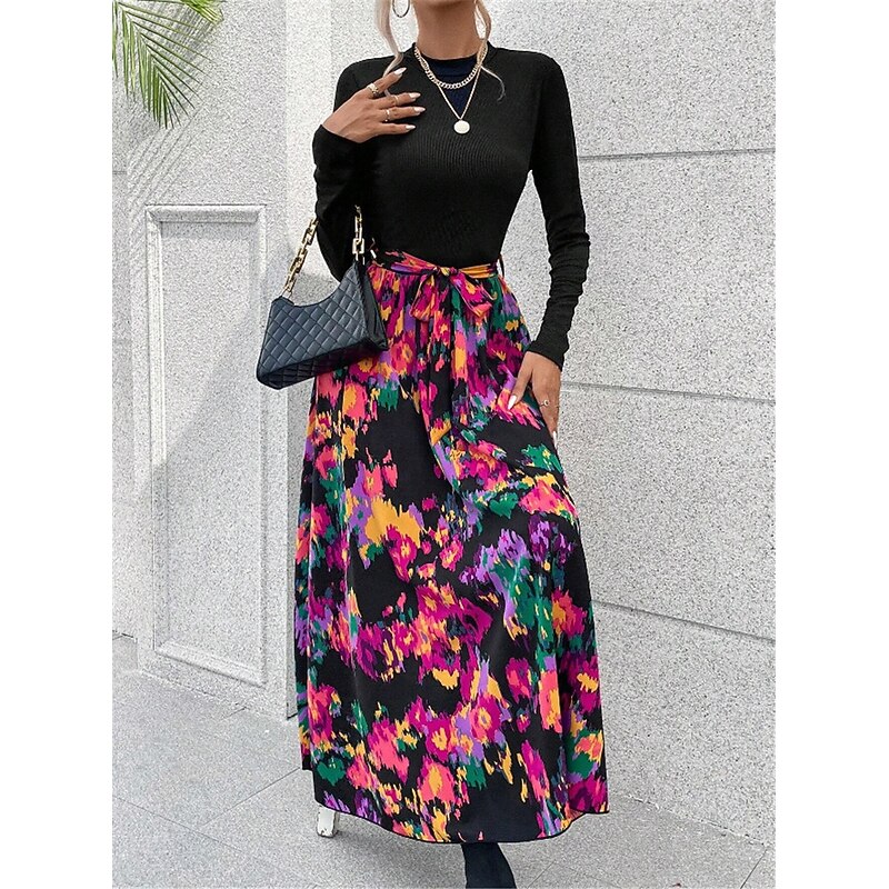 Women's Floral Stand Collar Maxi Dress Long Sleeve Spring Fall3