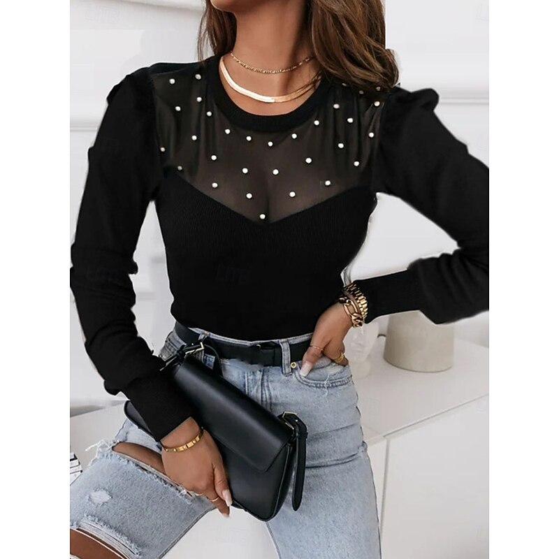 Women's Shirt Blouse Solid Color Basic Casual Long Sleeve Crew Neck Regular Tops Daily Mesh Patchwork Beaded Black Fall Winter