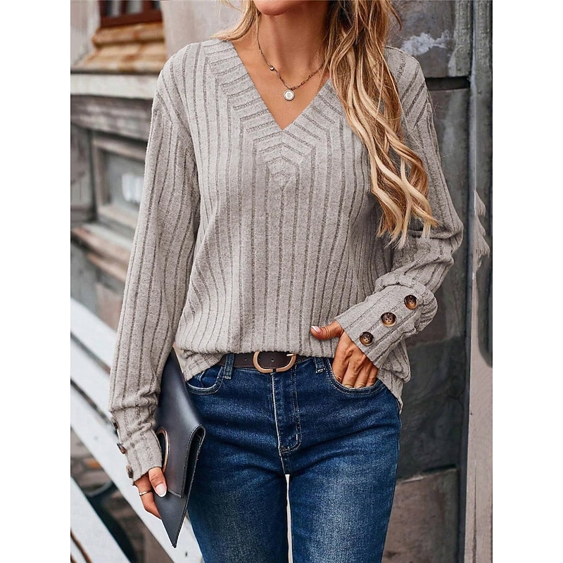 Women's T Shirt Plain Fashion Modern Casual Long Sleeve V Neck Regular Tops Daily Weekend Beige Fall Winter