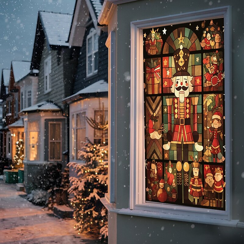 Christmas Window Cover Decorations, Fabric Stained Glass Nutcrackers Curtain Movie Poster Window Door Covering Decor for Christmas House, Window Clings Decals Indoor Outdoor4