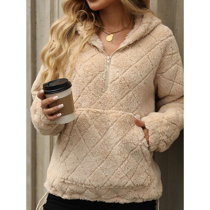 Women's Zip Up Hoodie Sweatshirt Casual Sherpa Fleece Plain Street Dailywear Hooded Pocket Half Zip Long Sleeve Black Red Beige Fall Winter 5