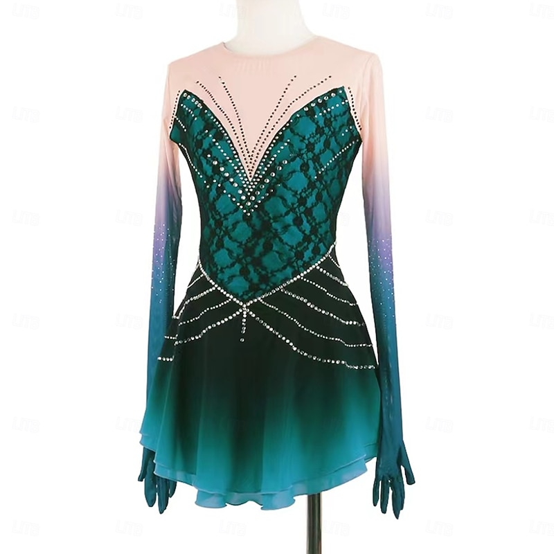 Figure Skating Dress Women's Girls' Ice Skating Dress Dark Grey Forest Green Thumbhole Halo Dyeing Mesh Spandex Stretchy Training Practice Professional Skating Wear Thermal Warm Classic Crystal