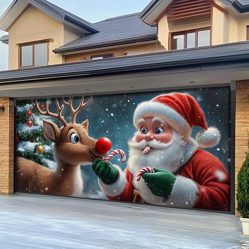 Christmas Door Decorations Garage Door Cover Santa Claus Candy Cane Xmas Outdoor Banner Large Backdrop for Holiday Home Wall Decorations Rudolph The Red Nosed Reindeer3