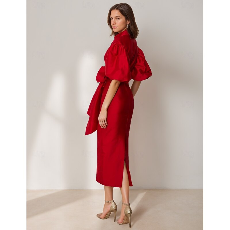 Sheath Cocktail Dresses Beach Wedding Elegant Dress Formal Tea Length Half Sleeve Shirt Collar Pocket Taffeta with Bow(s) Dresses2