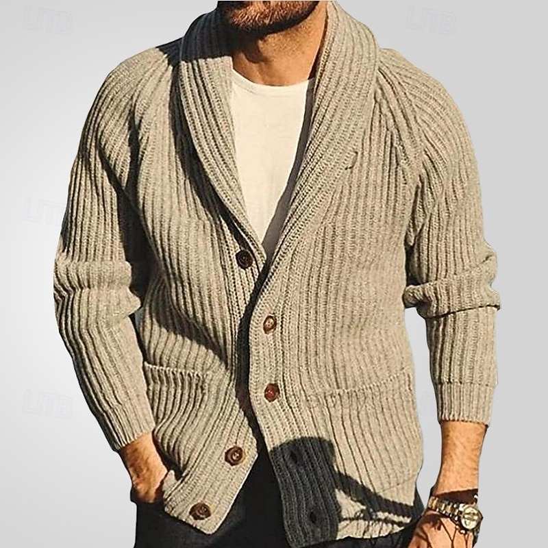 Men's Cardigan Sweater Cropped  Sweater Knit Sweater Ribbed Knit Regular Pocket Solid Color Shawl Collar Fashion Classic Daily Wear Date Clothing Apparel Fall & Winter khaki M L XL