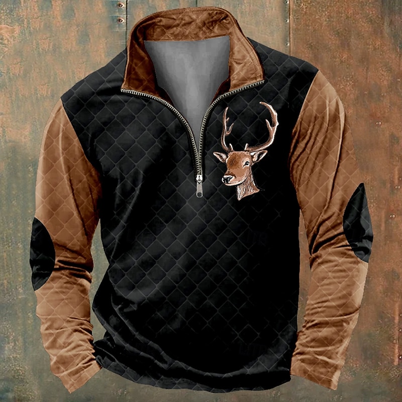 Men's Patchwork Deer Sweatshirts Sweatshirt Zip Sweatshirt Quarter Zip Sweatshirt Long Sleeve Sweatshirt Crew Neck Quarter Zip 3D Funny 3D Print Christmas Party Holiday Crewneck Half Zip Winter4