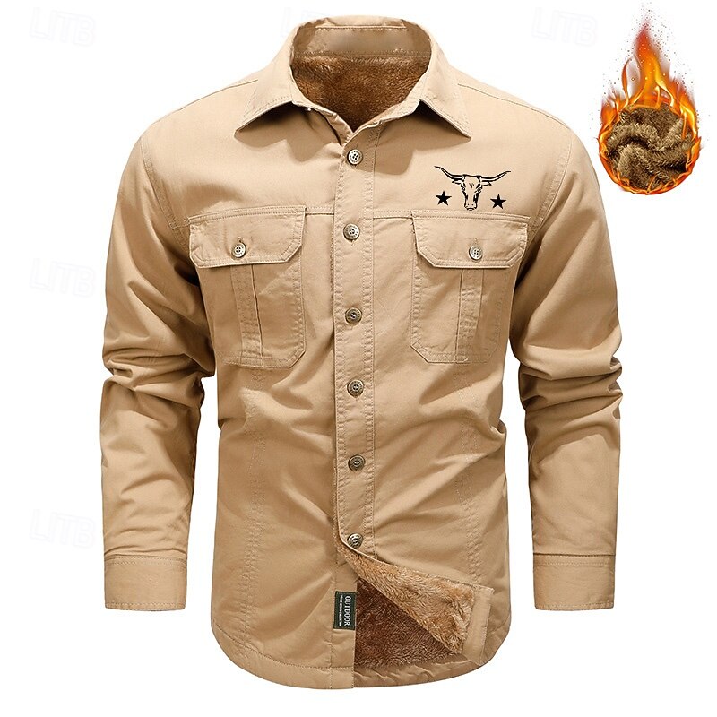 Men's Cow Print Work Shirt Western Shirt Cargo Shirt Long Sleeve Casual Sports & Outdoor Going out Fall Winter Turndown Print Black Army Green Khaki3