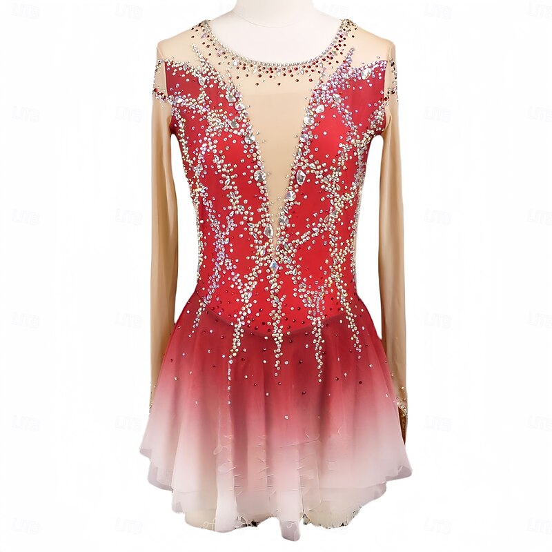 Figure Skating Dress Women's Girls' Ice Skating Dress Red Thumbhole Halo Dyeing Mesh Spandex Stretchy Training Practice Professional Skating Wear Thermal Warm Classic Crystal / Rhinestone Long Sleeve