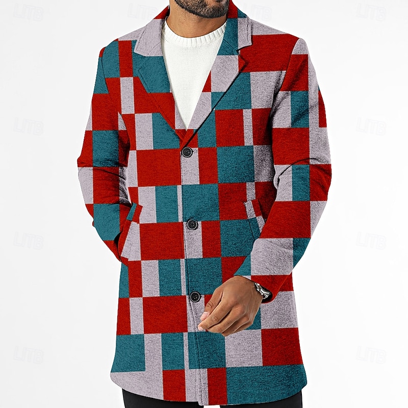 Men's Plaid Winter Coat Fleece Jacket Overcoat Thermal Comfortable Casual Street Outdoor clothing Daily Wear 3D Print Buttons Front Pocket Winter Turndown Long Sleeve Red Blue2