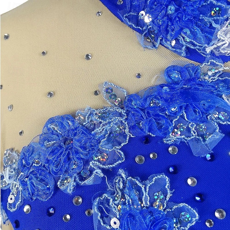 Figure Skating Dress Women's Girls' Ice Skating Skirt Blue Flowers Gradient Skirts High Elasticity Training Competition Skating Wear Multi Color Crystal / Rhinestone Long Sleeve Ice / Kids3