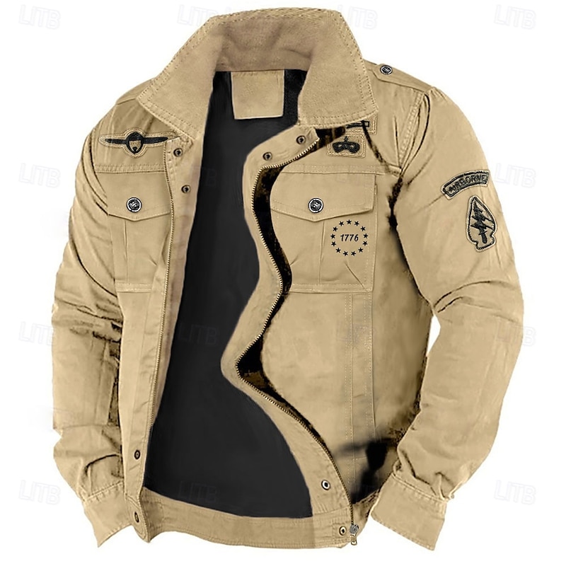 Men's Cotton Embroidered Military Jacket Cargo Jacket with Shoulder Straps Long Sleeve Standing Collar Multi-Pockets Coat Trucker Jacket 1776 Letter Print Tactical Outerwear2