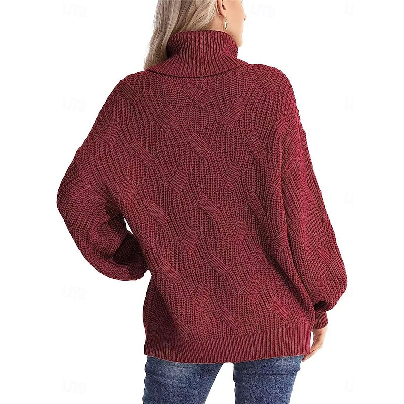 Women's Sweater Pullover Sweater Jumper Casual Soft Pure Color Ribbed Turtleneck Knitted Long Sleeve Regular Tops Knit Outdoor Daily Weekend Wine Blue Fall Winter2