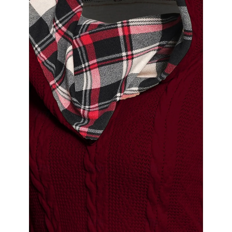 Women's Sweater Pullover Sweater Jumper Casual Soft Plaid Ribbed Hooded Patchwork Knitted Long Sleeve Regular Tops Knit Outdoor Daily Weekend Wine Beige Fall Winter 7