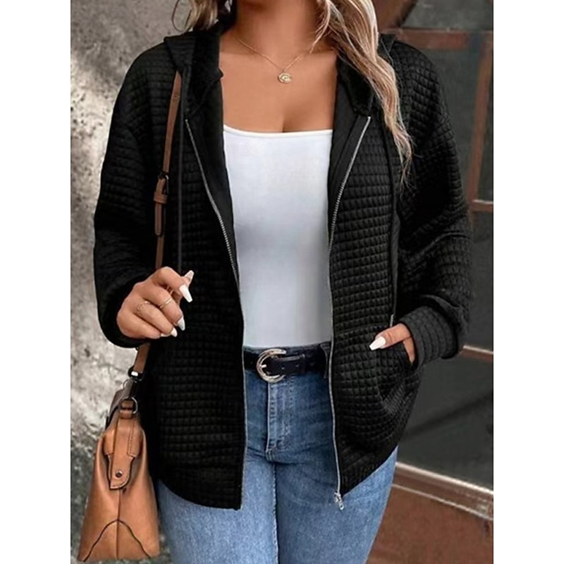 Women's Casual Jacket Hoodie Jacket Outdoor Street Daily Wear Fall Winter Regular Coat Regular Fit Thermal Warm Breathable Stylish Casual Jacket Long Sleeve Plain with Pockets Full Zip Black Wine