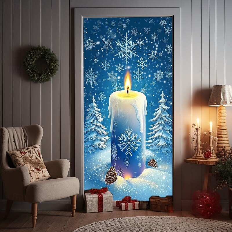 Christmas Door Decorations Door Covers Xmas Candle Snowflake Door Tapestry Door Curtain Decoration Backdrop Indoor/Outdoor Door Banner for Front Door Farmhouse