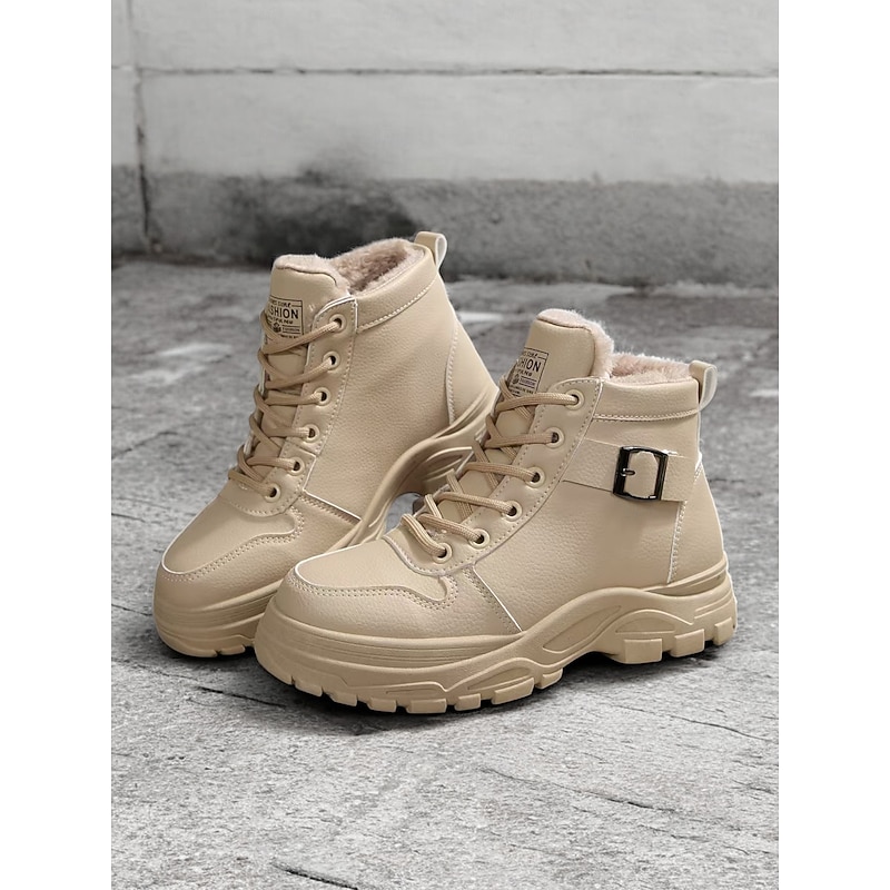 Women's Beige Lace-Up Ankle Boots with Warm Plush Lining – Winter Outdoor Footwear with Rugged Sole and Buckle Detail