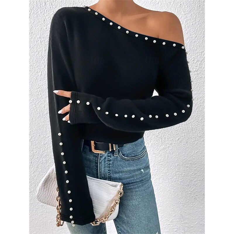 Women's Shirt Blouse Solid Color Basic Casual Long Sleeve Cold Shoulder Regular Tops Daily Beaded Black Fall Winter3