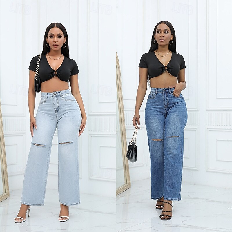 Women's Normal Jeans Streetwear Stylish Full Length High Waist Solid Color Pocket Comfy Breathability Soft Micro-elastic Street Daily Light Blue Dark Blue Spring &  Fall Loose Fit4