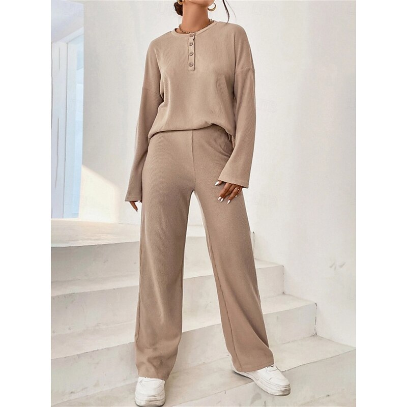 Women's Fashion Streetwear Daily Sweatshirt Sweatpants Long Sleeve Crew Neck Plain Casual Daily Navy Blue Blue Khaki Fall Regular Fit3