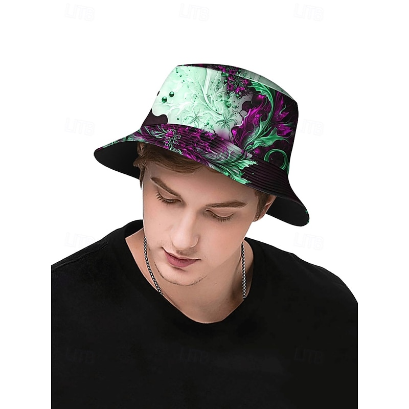 Men's Artistic Print Bucket Hat with Blue and Gold Abstract Floral Design – Stylish and Unique Outdoor Sun Hat for All Seasons2