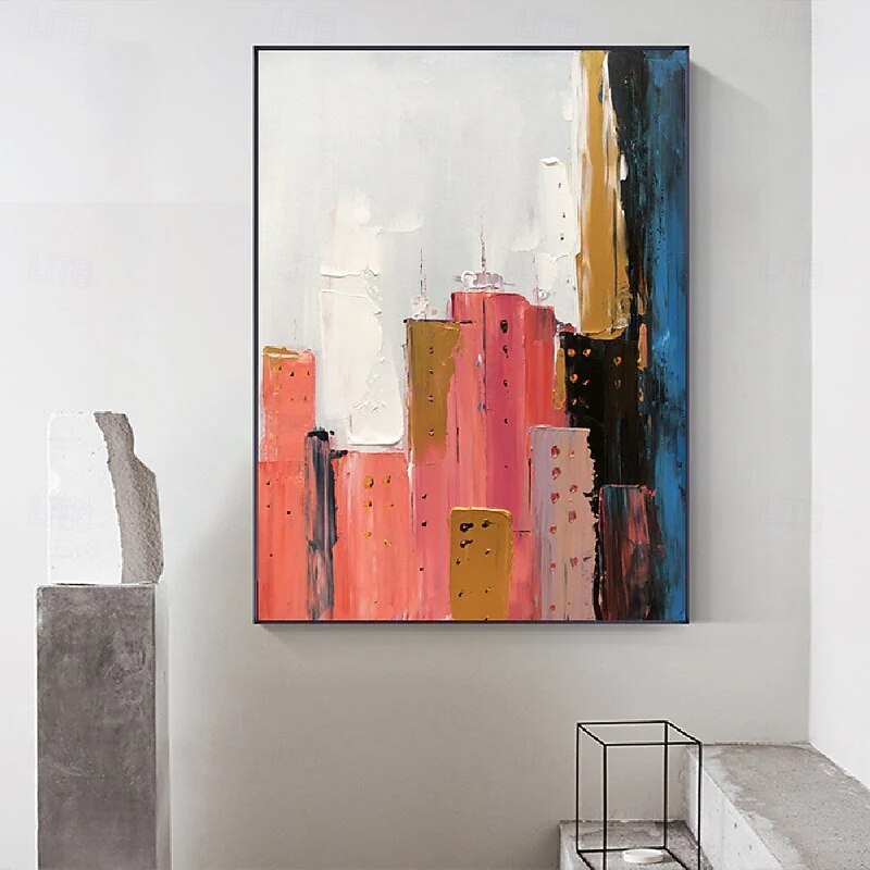 Modern abstract city oil painting hand painted oil painting 3D texture oil painting hand painted white Red orange city oil painting for bedroom living room decor home chrismas  gift