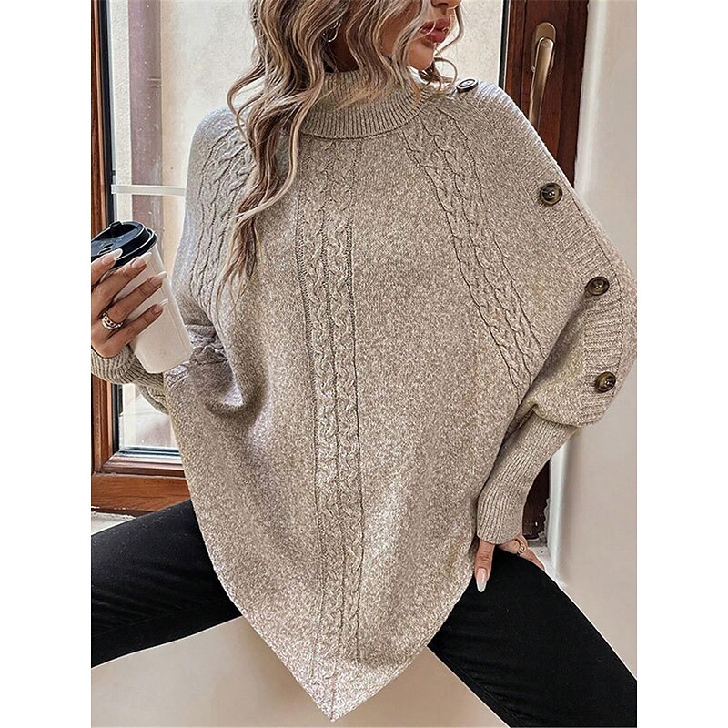 Women's Sweater Pullover Sweater Jumper Casual Soft Pure Color Ribbed Turtleneck Buttons Knitted Batwing Sleeve Long Sleeve Regular Tops Knit Outdoor Daily Weekend Khaki Fall Winter4